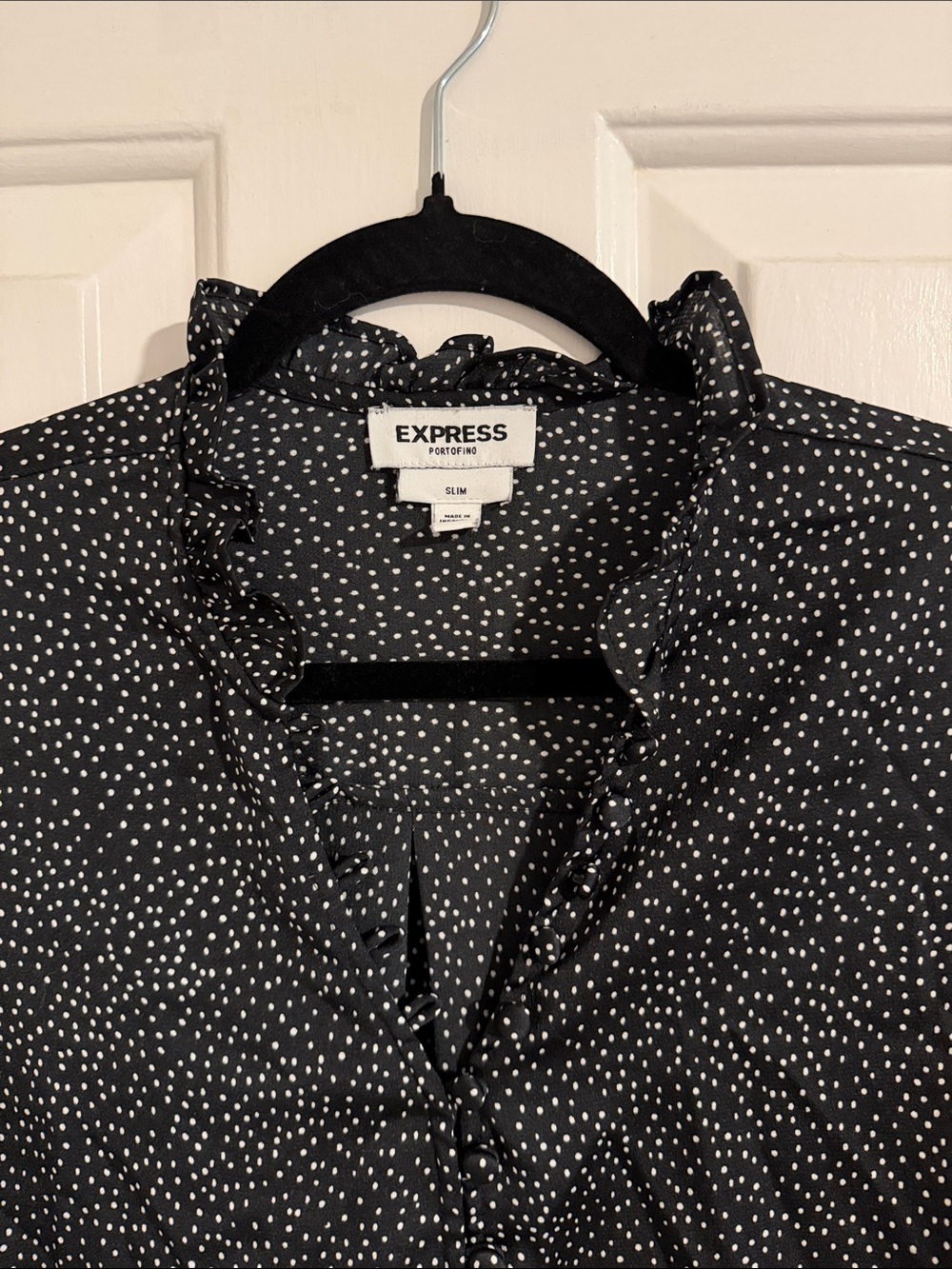 Express Black Polka Dot Ruffle-Neck Blouse - Picture 2 of 9